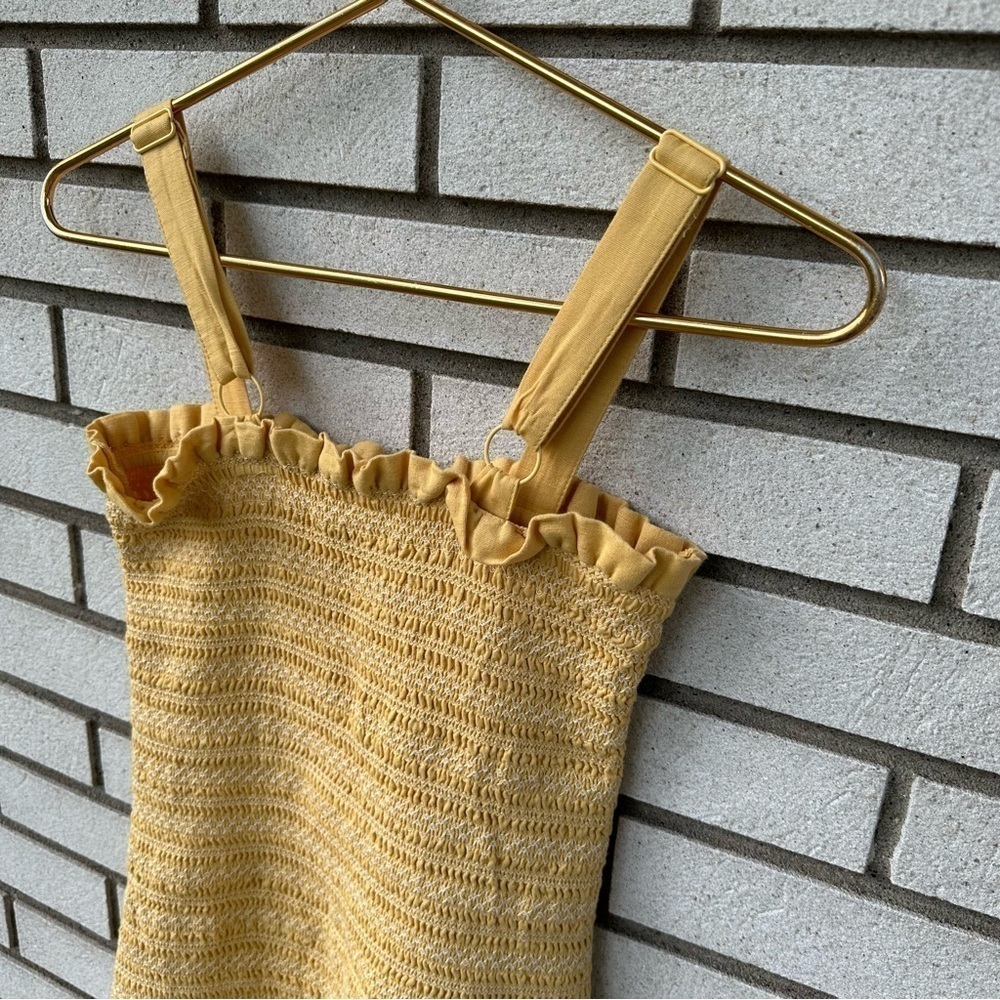 American Eagle Yellow Smocked Linen Mini Dress Ruffle Hem Summer Bodycon XS - Picture 5 of 9